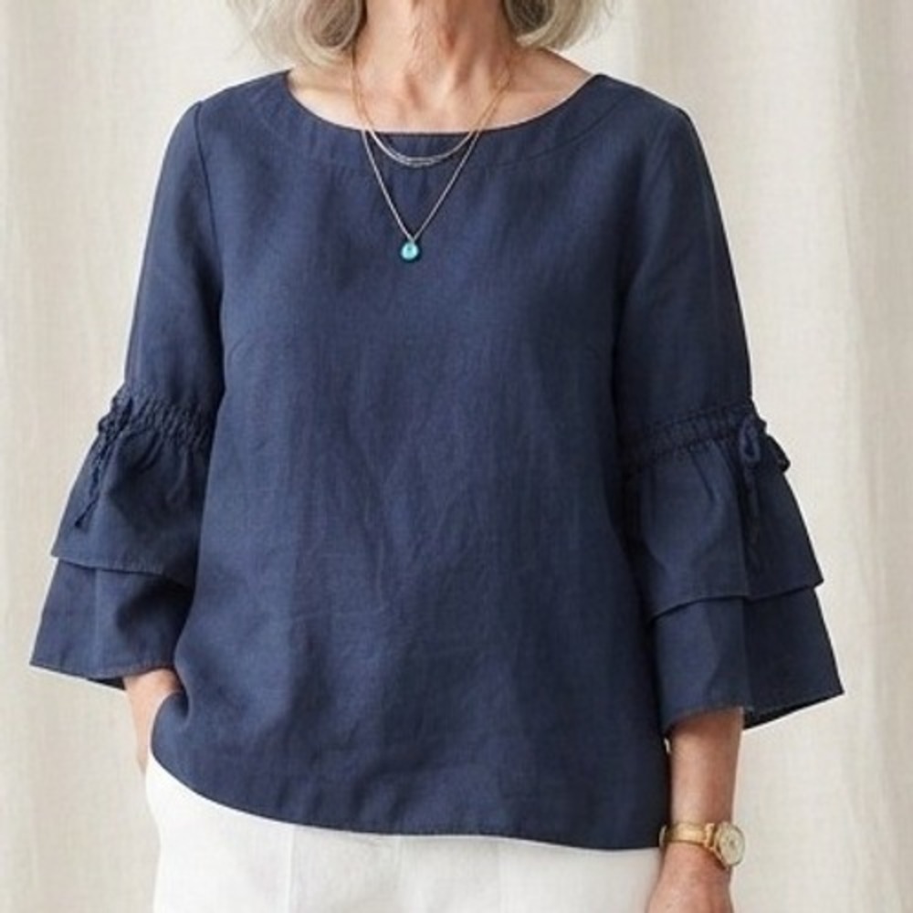 Linen Bell Sleeve top Navy XL nautical coastal oversized minimalist capsule
